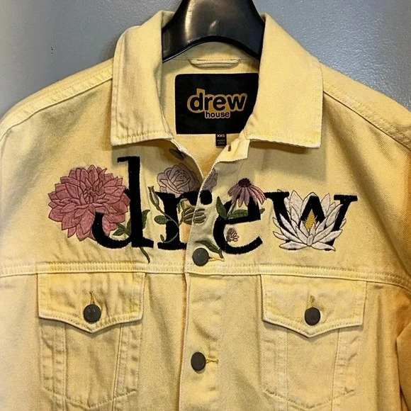 DREW Drew House Designer Floral Denim Yellow Logo Trucker Button Jacket XXS - Picture 2 of 10